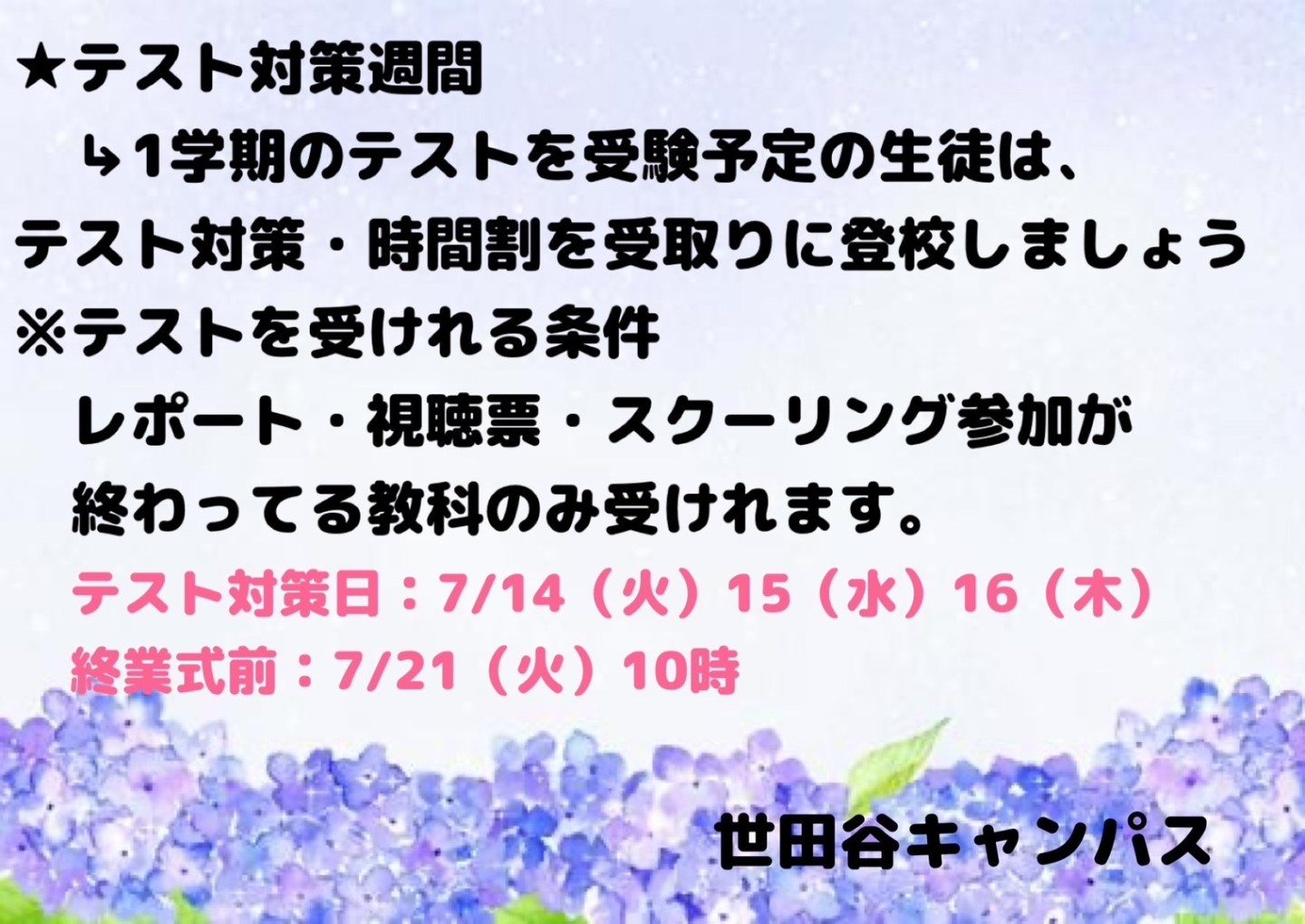 テスト対策のお知らせ(自由参加)